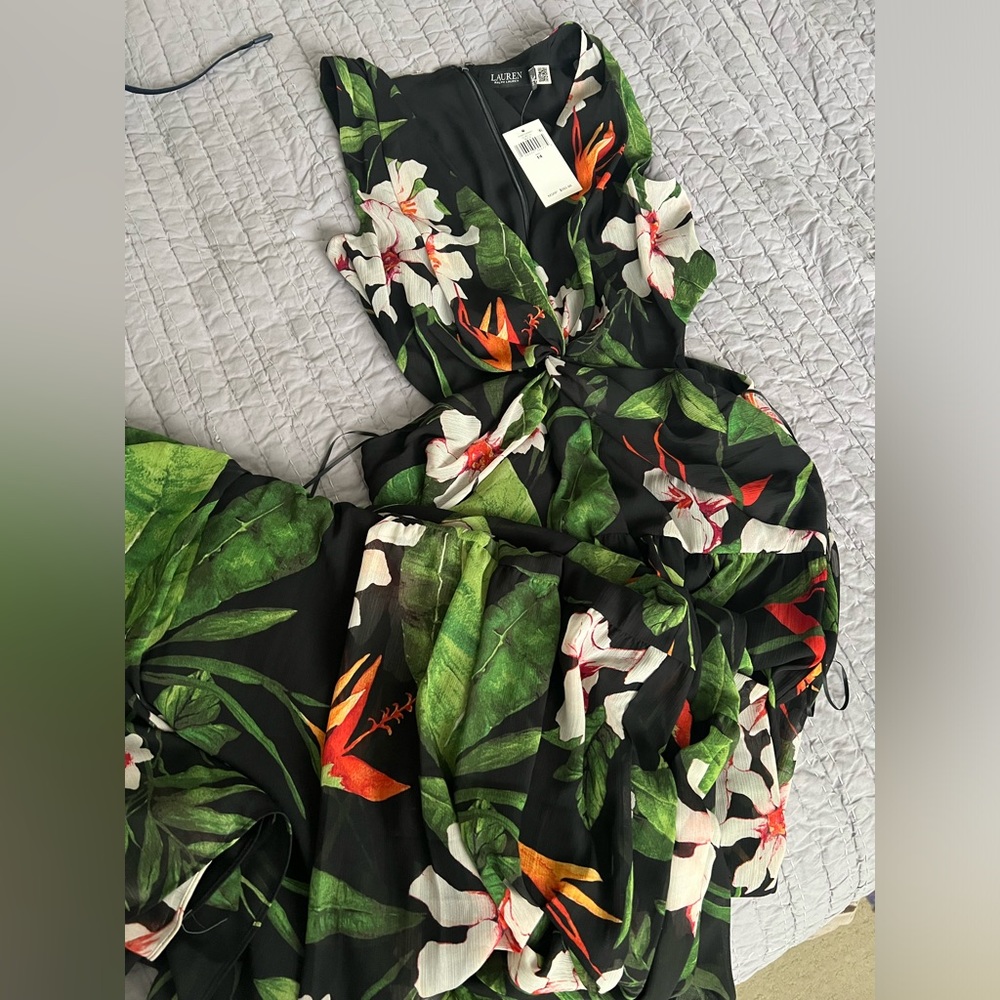Lauren Ralph Lauren Black Maxi Dress with Green Leaf & White Floral Print